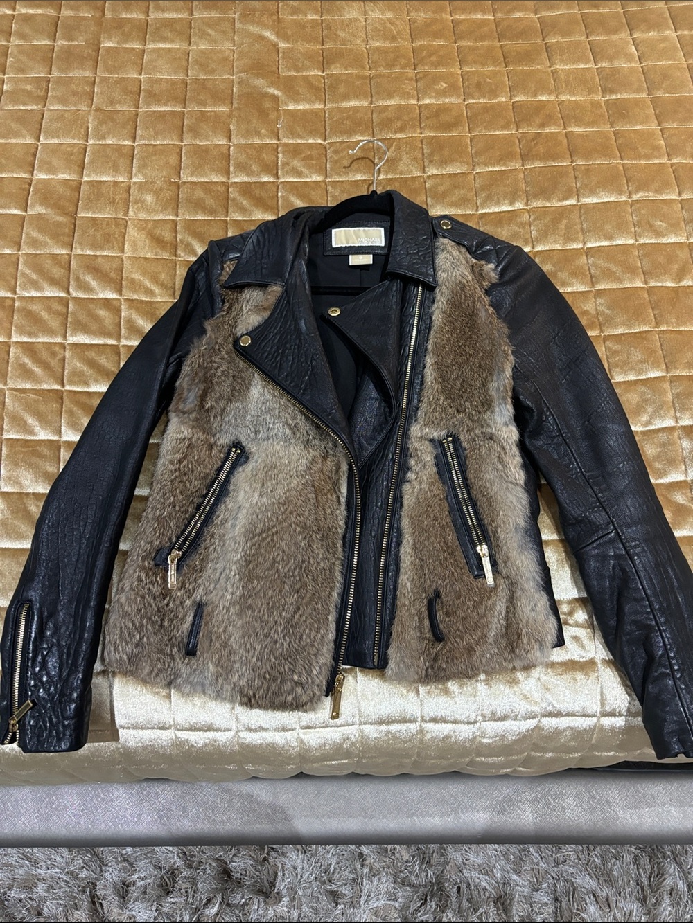 Michael Kors Black Leather Jacket with Brown Fur Front